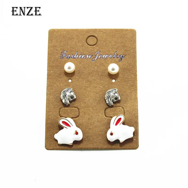 

ENZE retro new animal drop glazed white rabbit imitation pearl earrings cute set mix 3 pairs / set of exquisite accessories