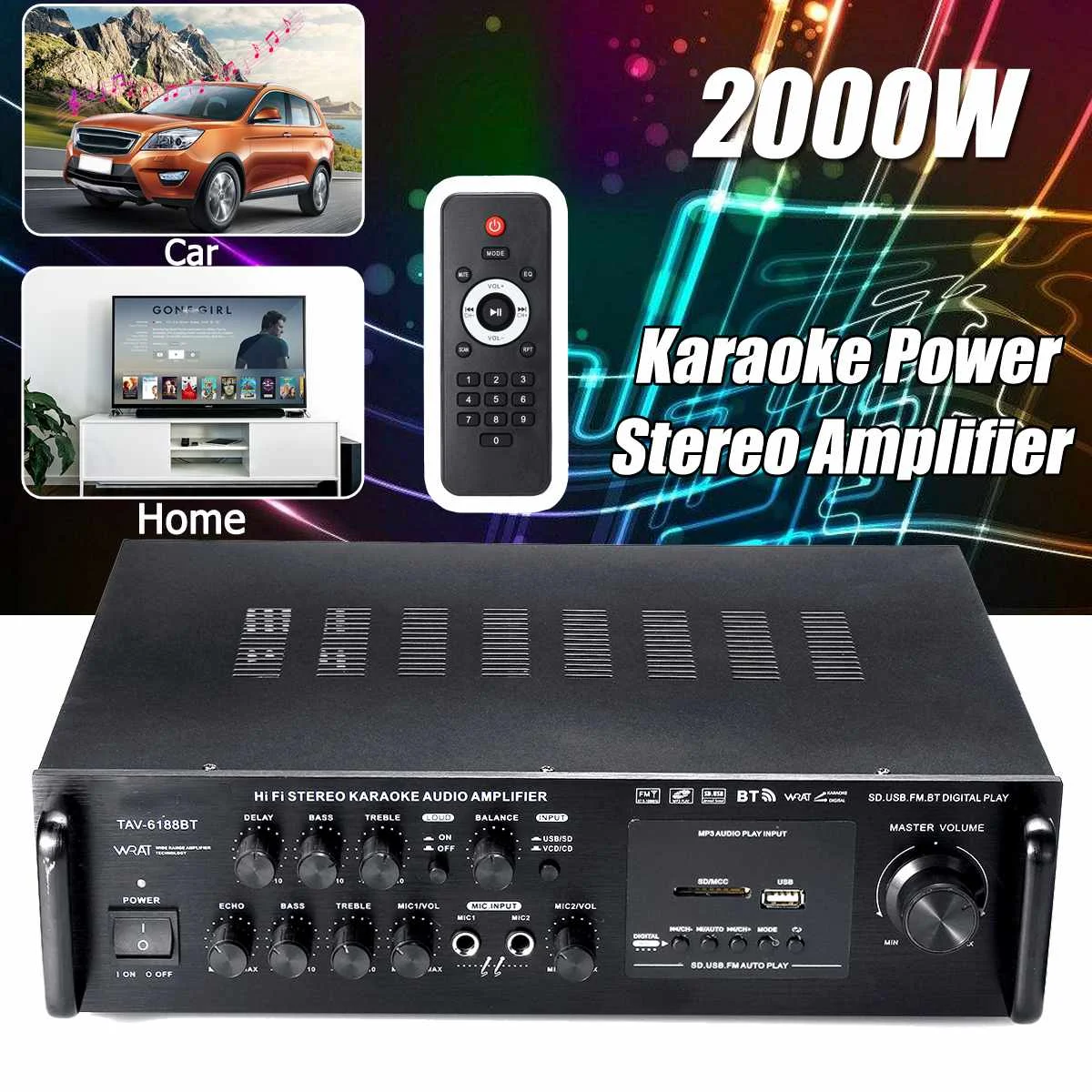  2000W Car Amplifier bluetooth LED Display Wireless Audio Amplifier Stereo Karaoke USB Sound Amplifi - 33032737409