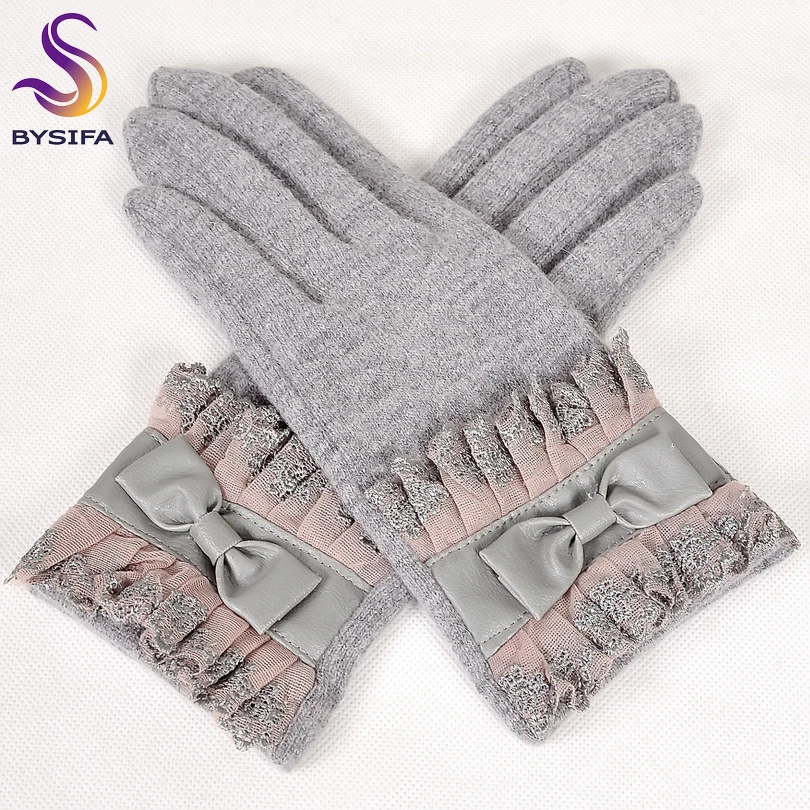 [BYSIFA] Зимние женские шерстяные перчатки, модные кружевные женские толстые серые перчатки с вышивкой, милые большие мягкие митенки из искусственной кожи с галстуком-бабочкой