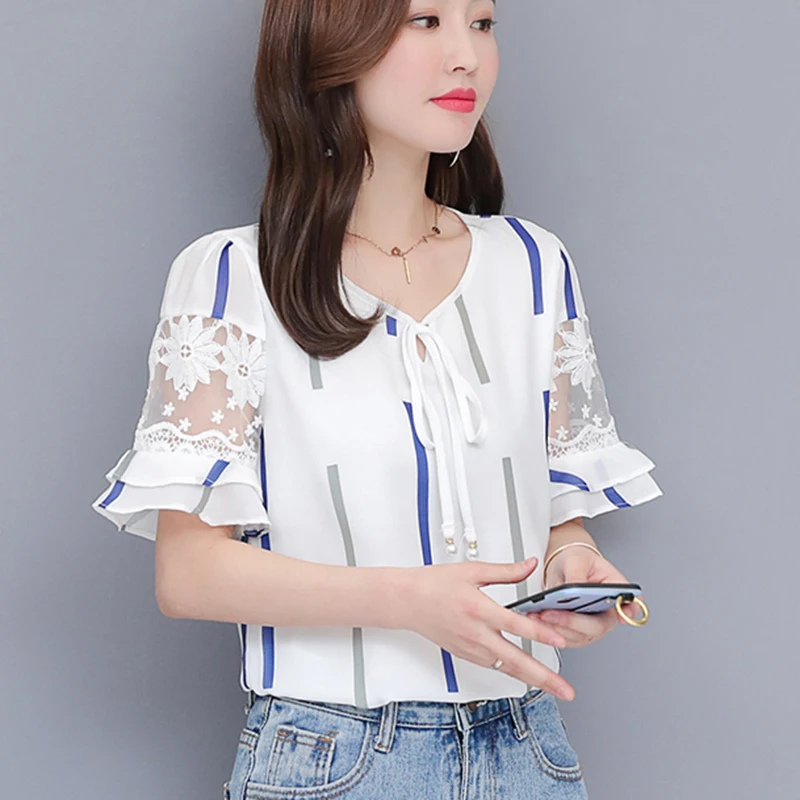 

Casual Summer Women's Blouse Shirts O-Neck Short Sleeve Fashion Blouses Loose Plus size 4XL Shirt Chiffon Spliced Lace Blusa Top
