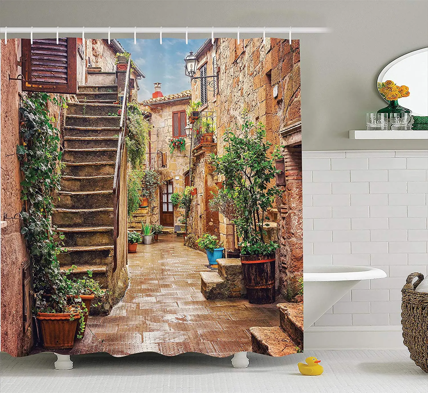 Shower Curtain Set View of an Old Mediterranean Street with Stone Rock