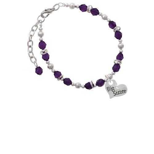 Silvertone Large ''Big Sister'' Heart with Clear Crystal Purple Beaded Bracelet