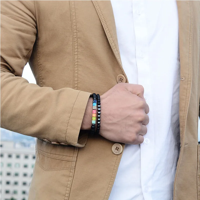 2 Pcs/set Natural Square Stone Couple Bracelet Set Vintage 7 Chakra Beaded Strand Bangle For Lover Yoga Buddha Jewelry Gift - Image 2