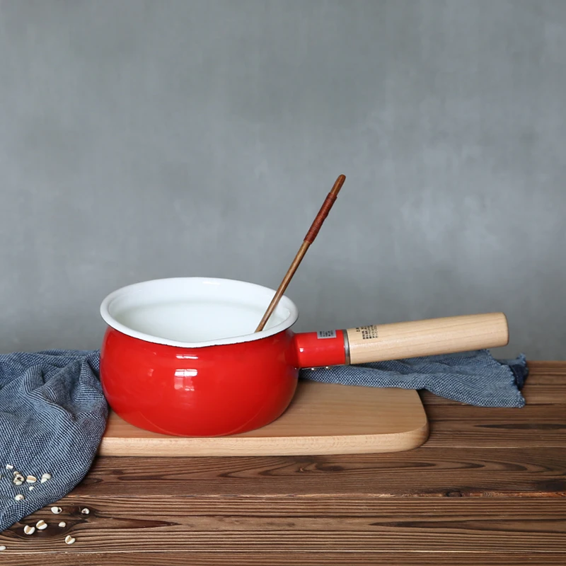 15cm 1.2L Contracted Japanese Thickening Enamel Milk Pot Pure Color Solid Wood Single Straight