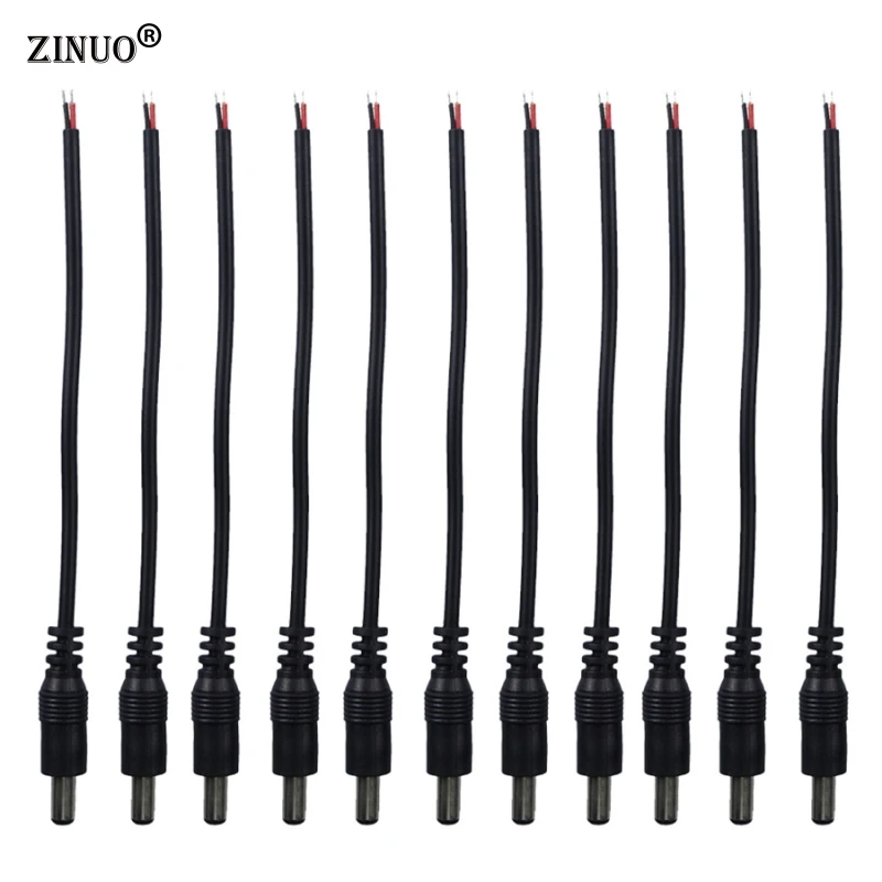 

ZINUO 10PCS/Lot DC Male Power Connector Cable Adapter Jack Pigtail Plug Wire Cord 5.5 X 2.1mm Plug Wire For CCTV Camera
