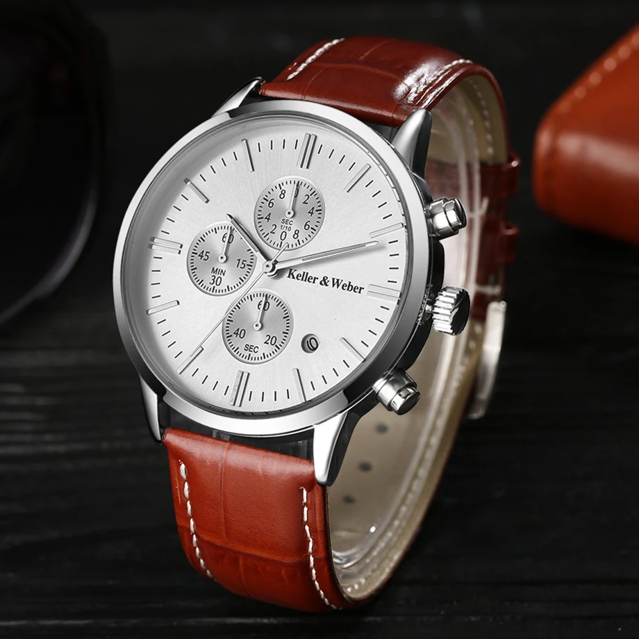 Keller & Weber Mens Watches 30m Waterproof Quartz Business Watches Date Display Genuine Leather Band Relogio Masculino Best Gift (20)
