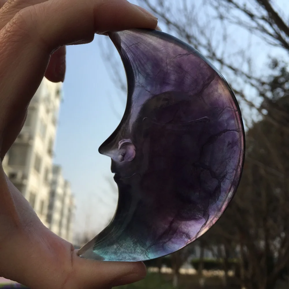Красивый большой размер Природный Флюорит кристалл луна лицо ручной резной и полированный редкий драгоценный камень коллекция украшений для дома