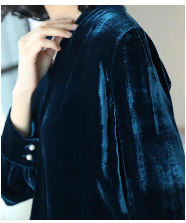 Весенняя женская темно-синяя черная велюровая рубашка с v-образным вырезом и длинным рукавом, женский в Корейском стиле, Осенние офисные женские свободные бархатные рубашки