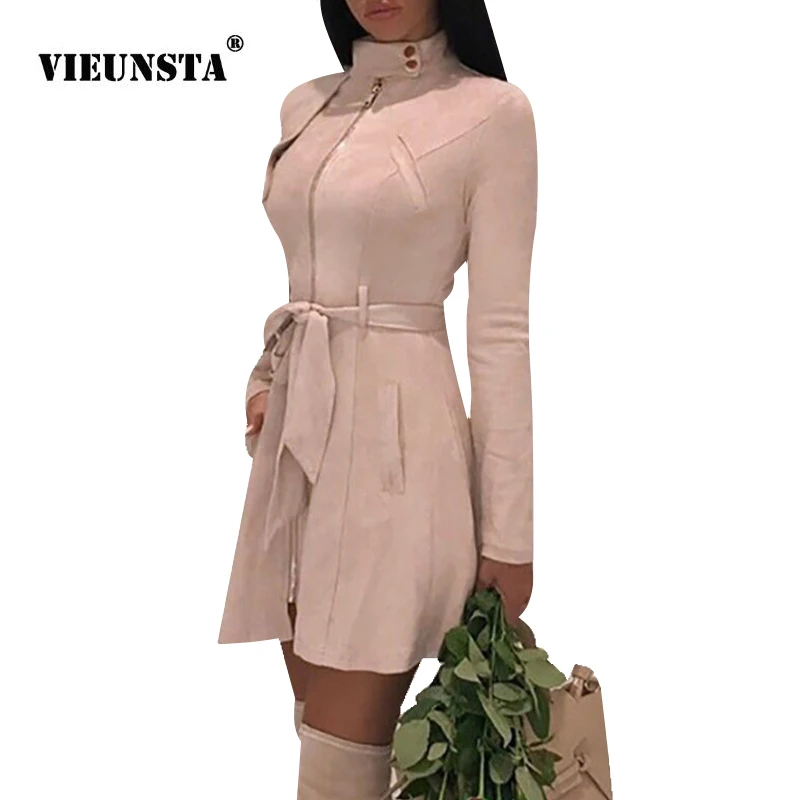 VIEUNSTA, 2XL, искусственная замша, кожаное платье для женщин, осень, длинный рукав, на молнии, шикарное, тонкое, мини-платье, новинка, винтажное, ТРАПЕЦИЕВИДНОЕ, вечерние, с поясом