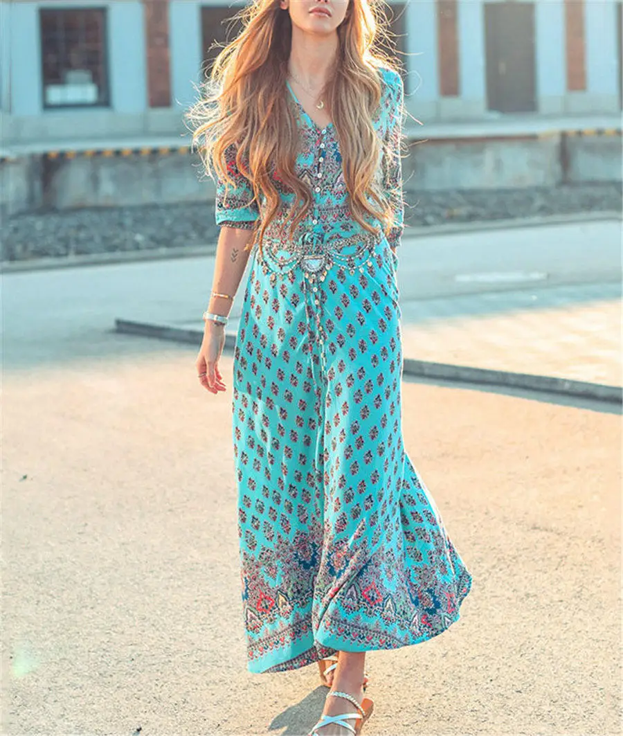 Gladiolus Boho Long Summer Dress Women Half Sleeve V Neck Button Print Floral Women Beach Dress 2019 Ladies Sexy Maxi Dresses (31)