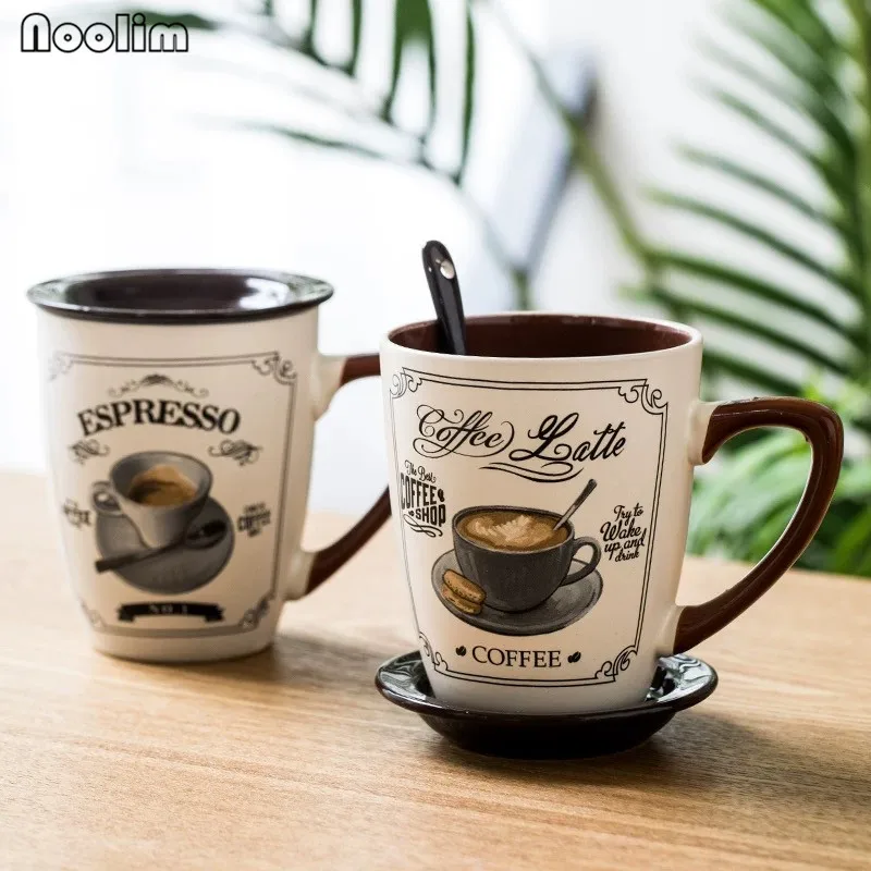European Creative Hand-painted Ceramic Coffee Mug With Spoon and Lid Simple Office Tea Water Milk Cup Gifts Drinkware | Дом и сад