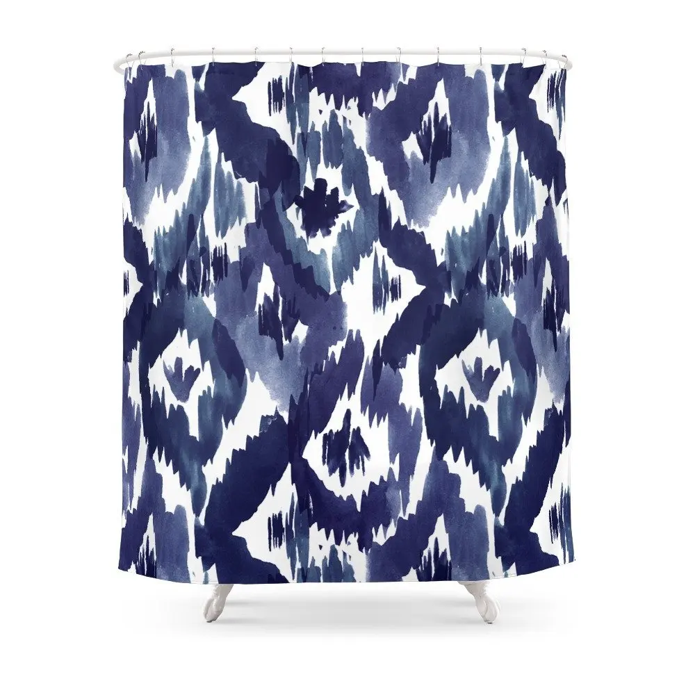 Indigo Blue Ikat Shower Curtain Set Waterproof Polyester Fabric Bath