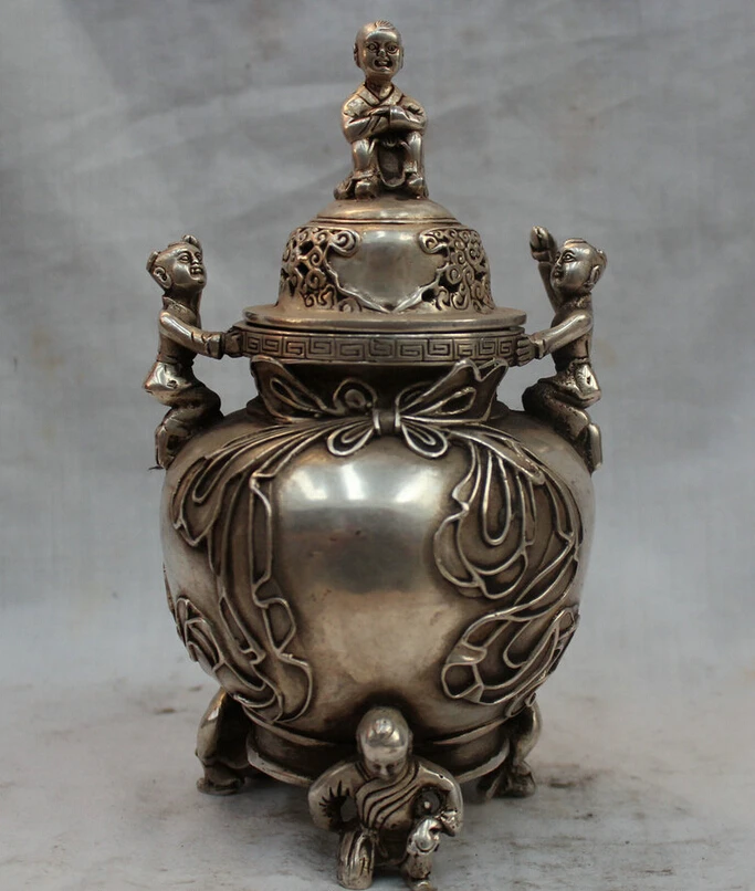 

USPS to USA S1961 Chinese Folk Fengshui Silver Fu Boy Kid Children Statue Incense Burner Censer B0401