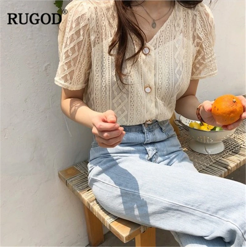

RUGOD 2019 New Summer Women Lace Embroidery Hollow Out Shirt With Vest V-neck Short Sleeves Blouse Temperament Fairy Casual Tops
