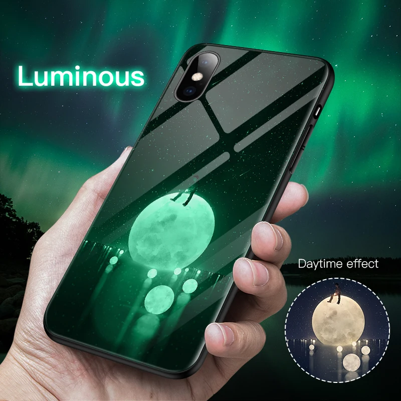 

Luxury Luminous Tempered Glass Phone Case For iPhone 6 6s 7 8 Plus Night Glow Phone Case For iPhone X XR XS Max Back Cover Coque