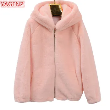 

YAGENZ Cardiga Faux Fur Jacket Female Pink Top Winter Jacket Women Fur Coats Long sleeve Hooded Faux Fur Coats Shorts Coat 587