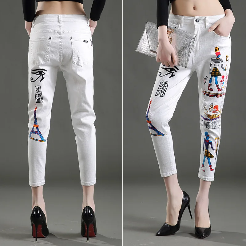 Сезон весна-лето; Новинка; модные джинсовые брюки; длинные белые брюки со средней талией; женские брюки с принтом; джинсы до щиколотки
