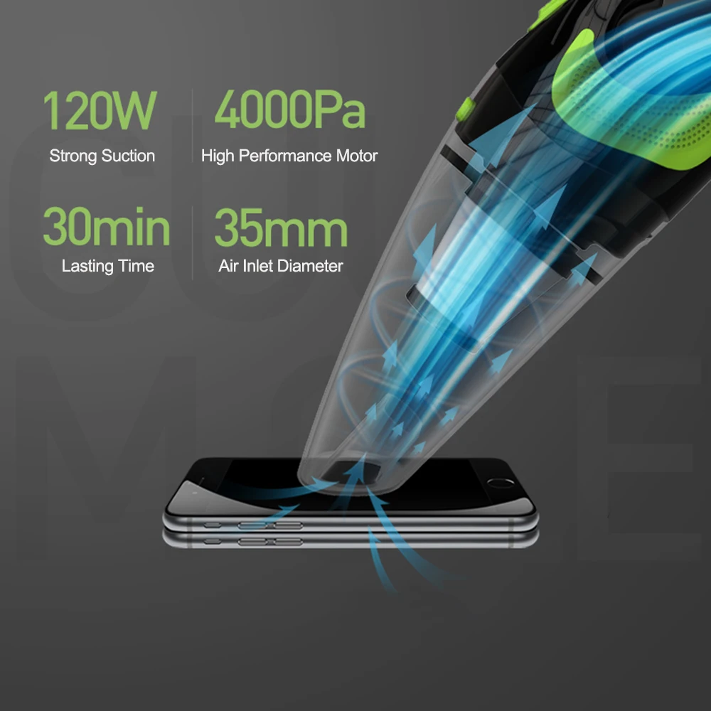 

Car Wireless Vacuum Cleaner Cordless Wet/Dry 120W 4000Pa Suction Hand-held Vacuum Cleaner Portable Office Home and Auto Dual-use