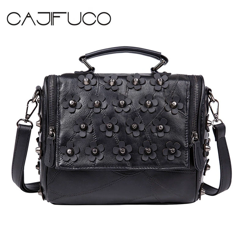 CAJIFUCO Fashion Flower Rivet Handbag Soft Lambskin Shoulder Bag Spikes CrossBody Bag Splice Flowers Women Stud Bag Sac A Main