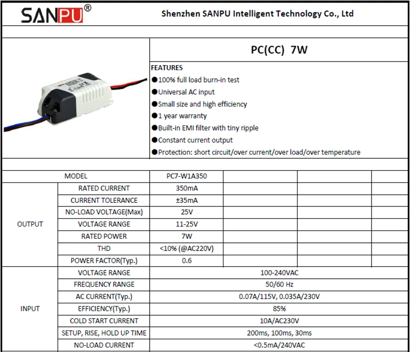 SANPU SMPS Светодиодный драйвер питания 350 мА Постоянный ток 7 Вт импульсный источник питания трансформатор освещения(4. 7) x1W AC Вход пластик