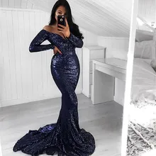 Элегантные платья с открытыми плечами и блестками, платья для выпускного вечера с длинным рукавом темно-синего цвета, вечерние платья для женщин, торжественное платье для особых случаев