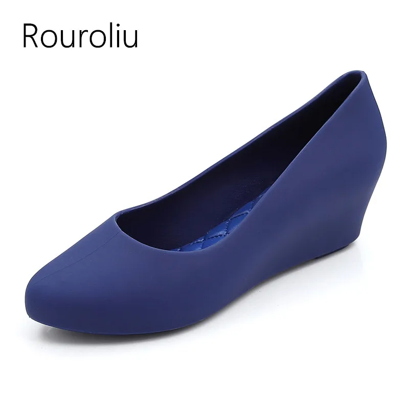 

Rouroliu Women New High Wedges Jelly Shoes Rain Boots Waterproof Water Shoes Woman Casual Shallow Wellies RT384