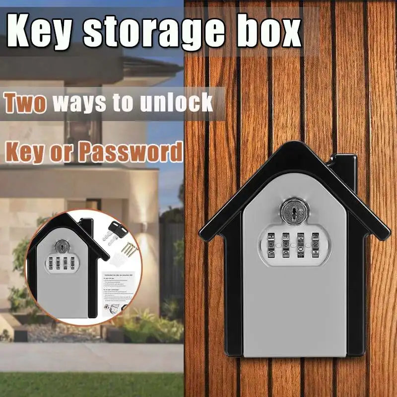 

4Digit Key Lock Box Wall Mounted Holder Combination Safe Organizer Lock Boxes Indoor Outdoor + Key