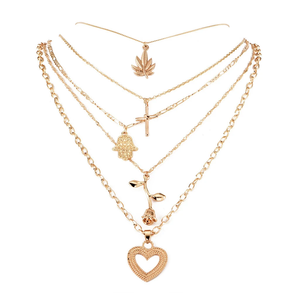 New Fashion Multi layer Flower Leaf palm Cross Heart Shape Necklaces & Pendants For Women Trendy Charm Gold Necklace Jewelry