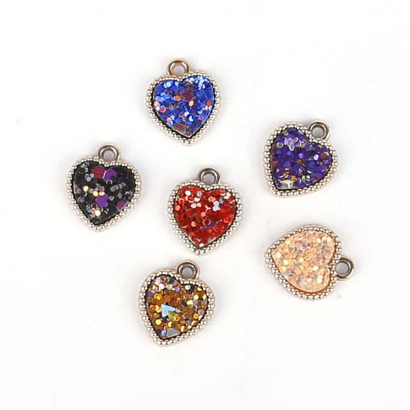 

Wholesale 6pcs/lot Fashion Zinc Alloy Resin Sequins Charms Love Heart Charms Pendant For DIY Earrings Jewelry Accessories