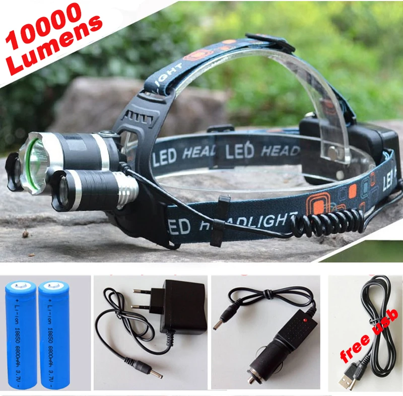 

20000Lm T6+2R5 LED Headlight Headlamp LED Head Lamp Headlight LED 4-mode torch +2x18650 battery+ charger fishing Lights