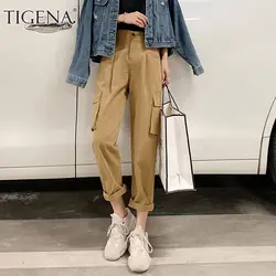 Tigena женские брюки-карго 2019 летние корейские модные шикарные брюки с карманами и высокой посадкой женские черные брюки цвета хаки