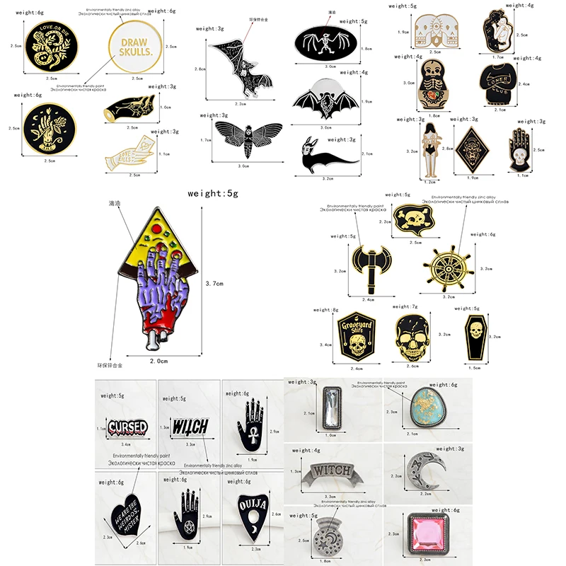 9 комплектов в стиле панк, эмалированные значки на булавке с черепом, Значки для пиццы, призрачной руки, черная летучая мышь, любовь или луна, броши для женщин, джинсовая рубашка, сумка, ювелирное изделие
