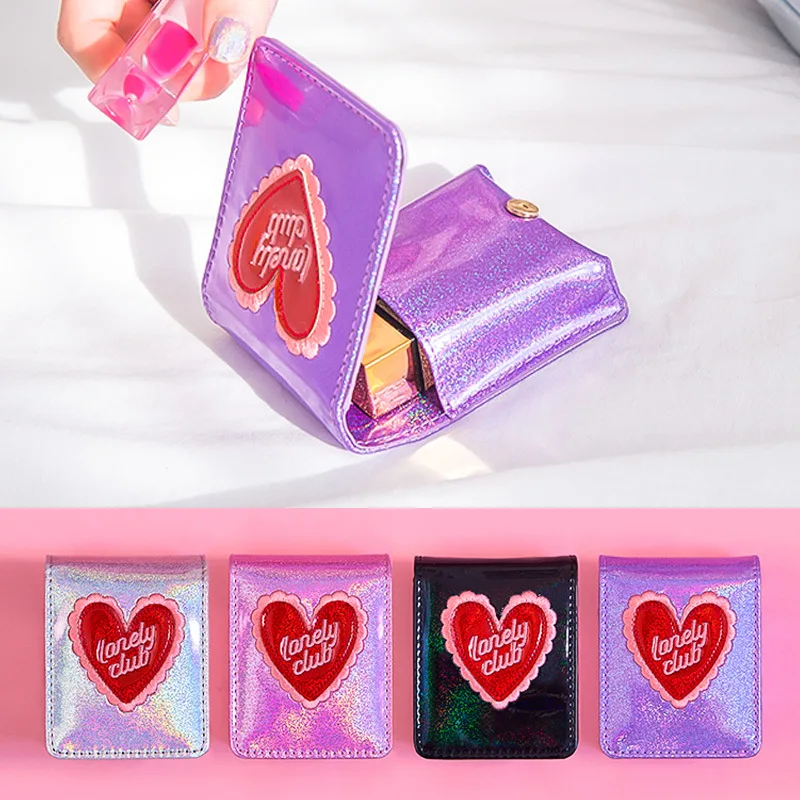 

High quality Flash leather Girls Lipstic Case Women Purple Cosmetic Lipstick bag With Hasp and Heart embroidery