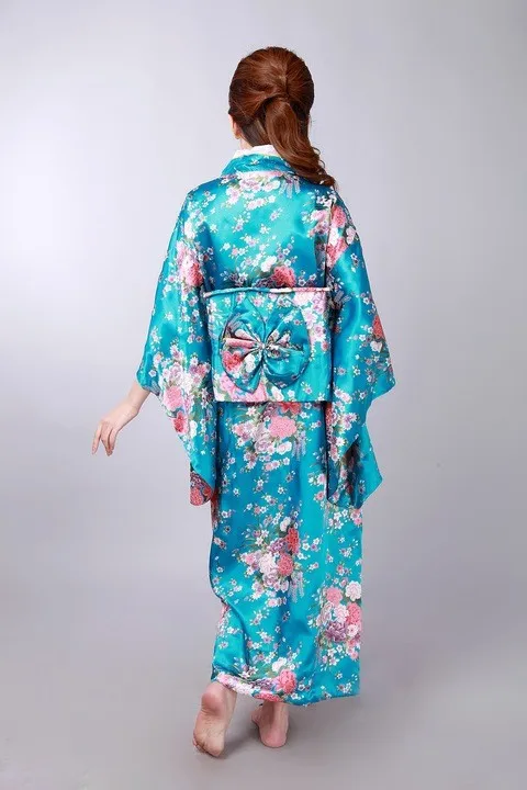 Синий японский женские Винтаж Традиция Шелковый кимоно юката платье с Оби H0044-A