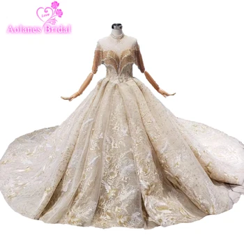 

High Neck Special Wedding Dress 2019 Sleeveless Keyhole Tassel Gold Handmade Ball Gown Bridal Dresses Champange Wedding Gowns