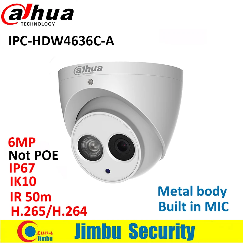 

Dahua IP Camera 6MP H.265 IPC-HDW4636C-A Metal casing Built-in MIC IR50m IP67 IK10 multiple languag Not POE Dome CCTV camera