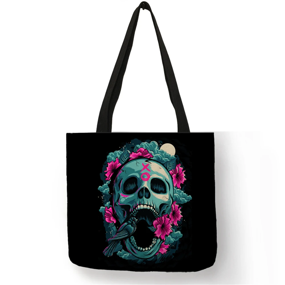 Floral Skull Print Linen Tote Bag Reusable Shopping Bags Folding Women Casual Handbags Lady Fabric Tote Bags - Цвет: 003