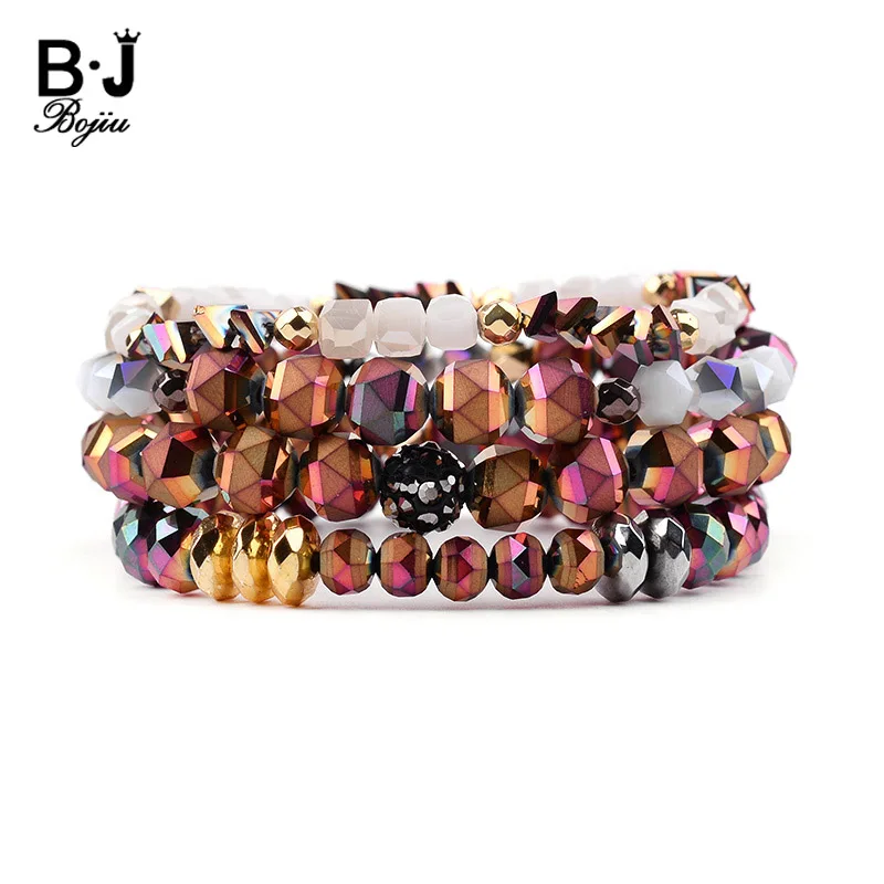 

BOJIU 4 Pcs/Set Bohemian Crystal Bracelets Women Faceted Gold AB Color Crystal Copper Beads Bracelet Lady Jewelry Gift BCSET221