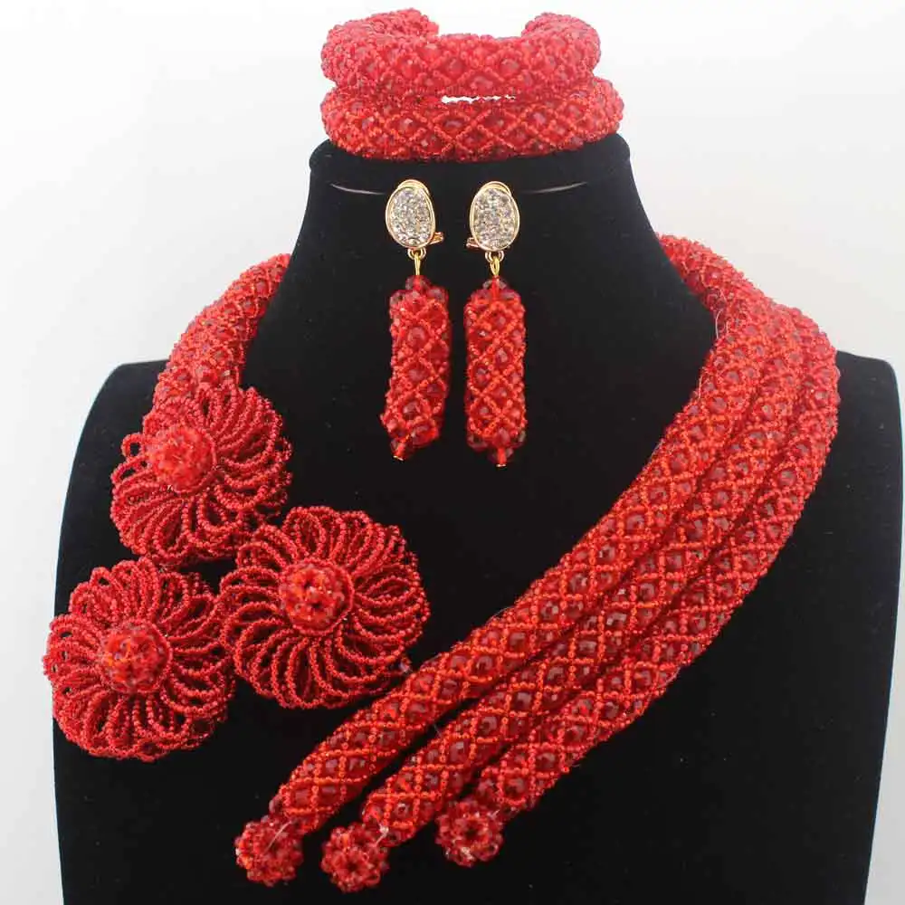 

Fashion New Red Crystal Wedding African Beads Jewelry Sets Indian Handmade Jewelry Bridemaid Jewelry Sets Free Shipping HD8584