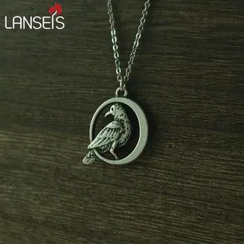 

lanseis 1pcs Double sided raven necklace Black Bird In Moon Crow Warrior Odin's pendant art handmade jewelry