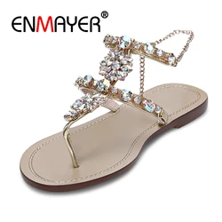 ENMAYER summer crystal T-strap fashion Flats Sandals casual gladiator sandals women girl Rhinestone Chains Flat flip flops CR173 ENMAYER summer crystal T-strap fashion Flats Sandals casual gladiator sandals women girl Rhinestone Chains Flat flip flops CR173