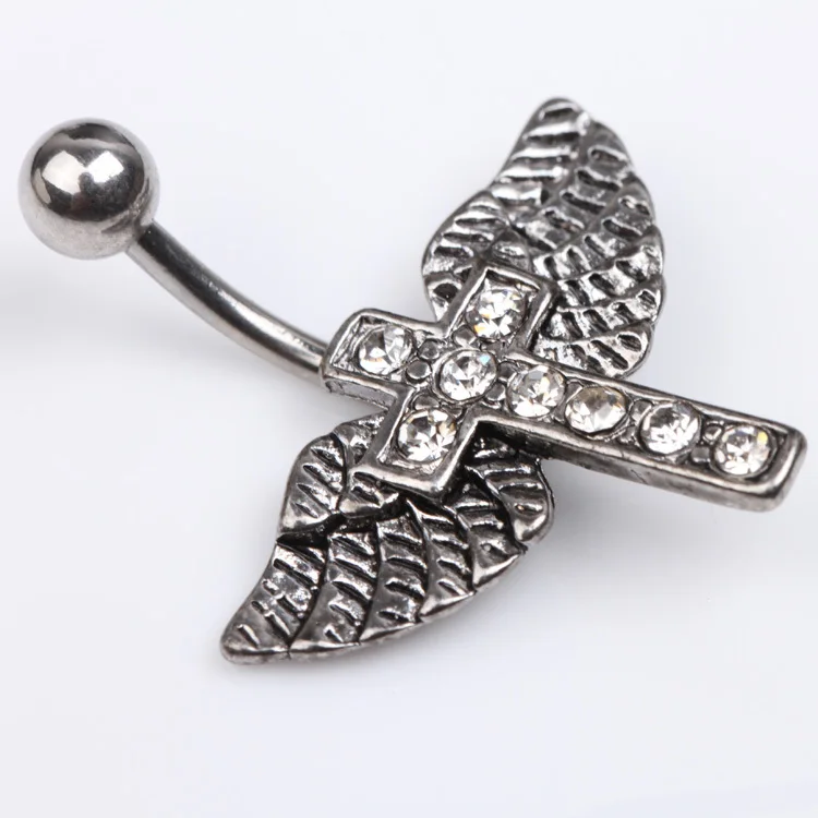 Charming Piercing Body Jewelry Cross Angel Wings Shaped Crystal Rhinestones Inlaid Navel Belly
