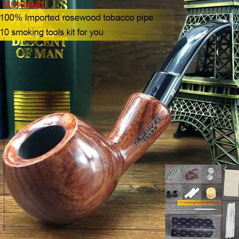 

MUXIANG 10 Tools kevazingo wood Tobacco Pipe 9mm Activate Carbon Filter Bent Rhodesian Wooden Smoking Pipe Gift for Men ad0017