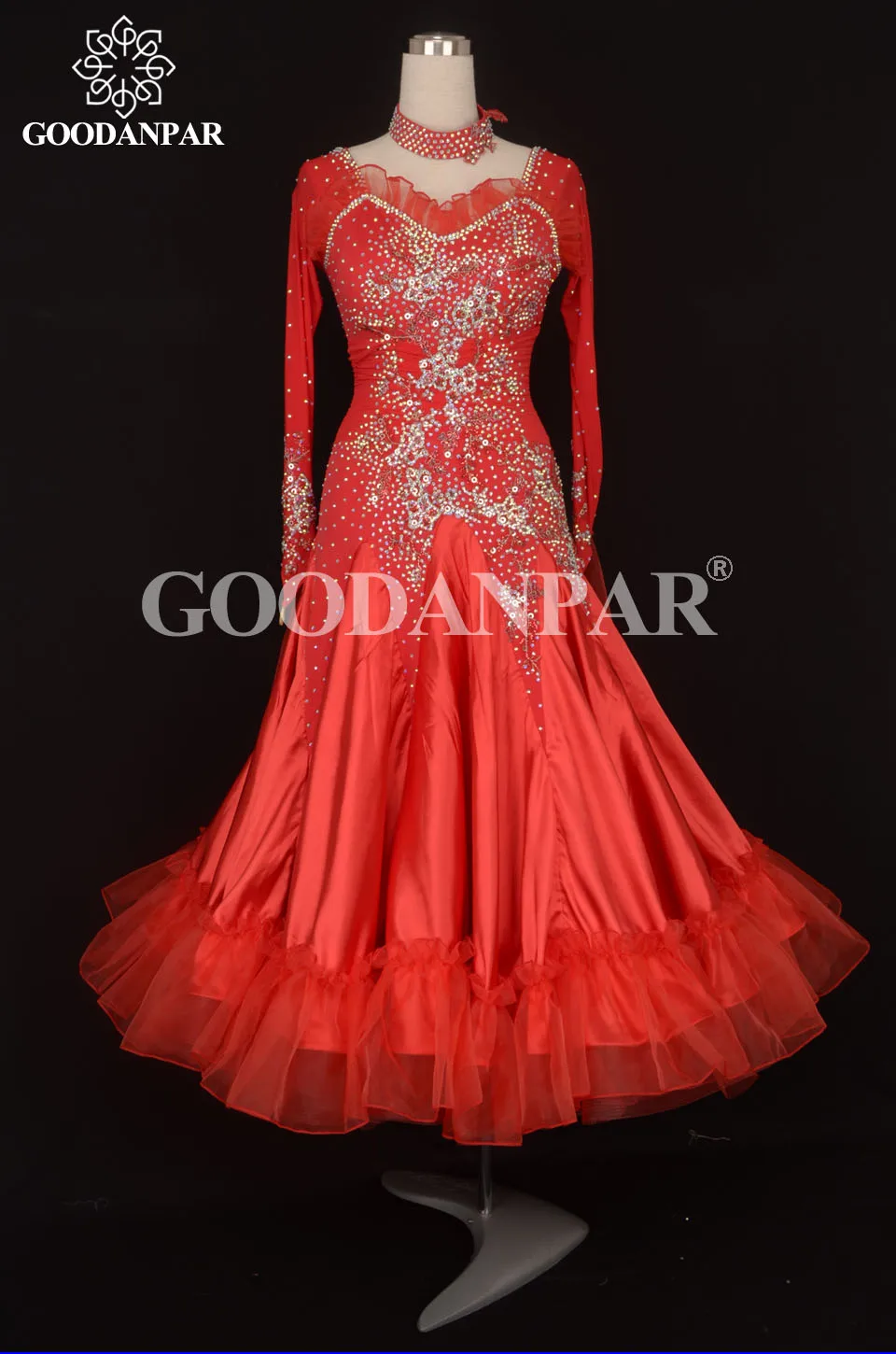 

Red ballroom dance dress for competition standard dress lady dance costumes GOODANPAR ballroom dancing costumes long sleeves