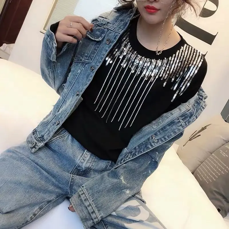 Расшитая блестками Стразы футболка с бахромой с коротким рукавом женская летняя новая свободная Корейская футболка черно-белая модная футболка