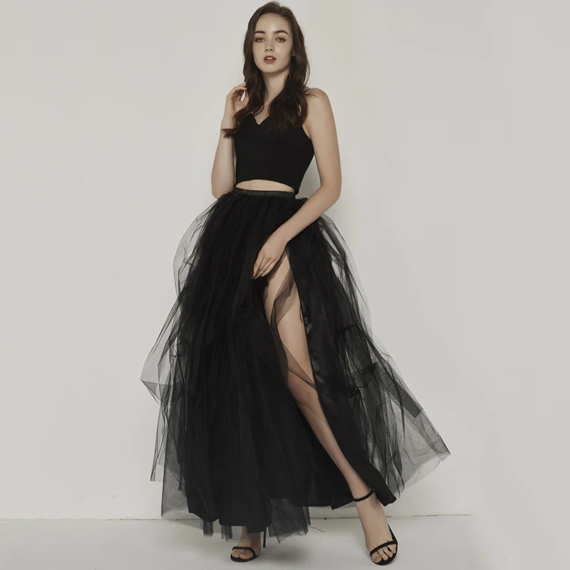 

2019 New Arrival Wedding Planning Women's Black Tulle Special Occasion Skirt Sexy Split Fluffy Tulle Skirts Jupe
