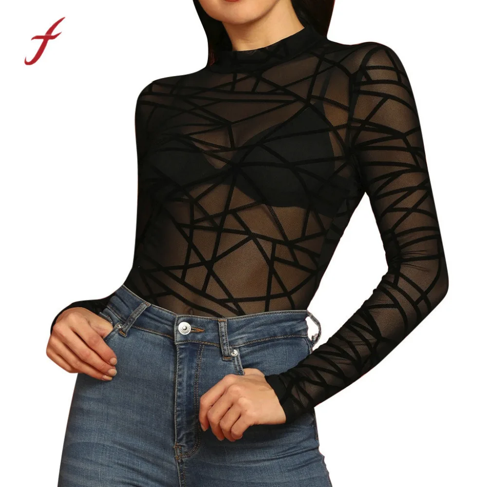 

Feitong Tops Female Fashion Women Sexy O-Neck Long Sleeve Sexy Slim Fit Grid Mesh Print Perspective Casual Top Women Clothing