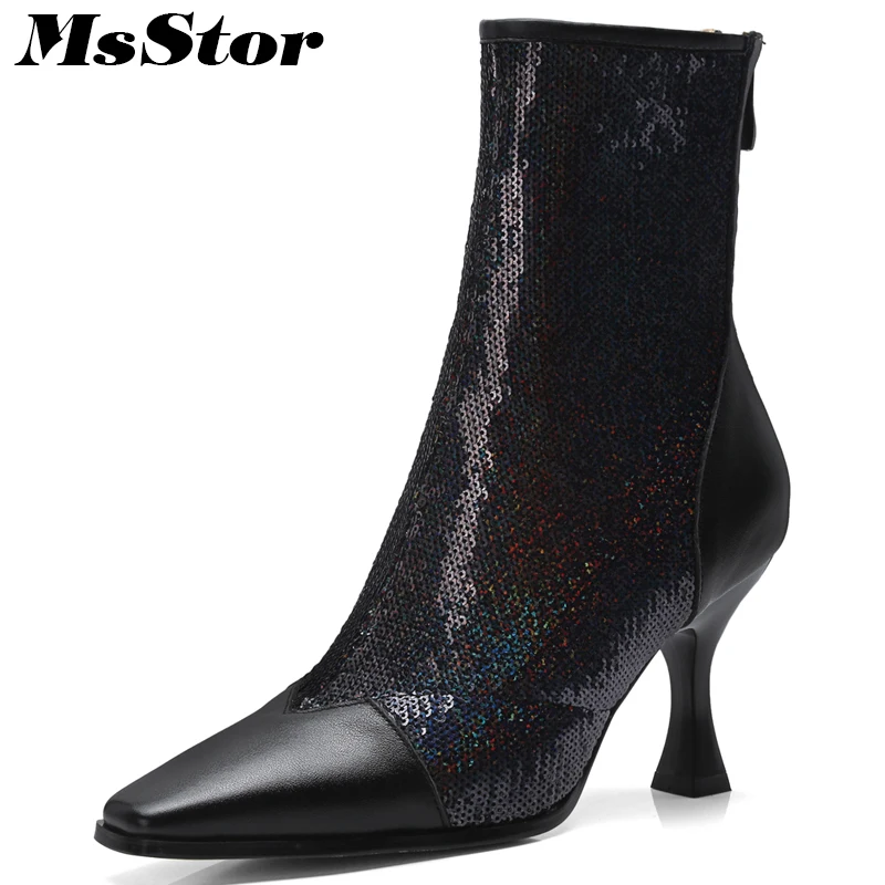 Msstor Square Toe High Heel Women Boots Fashion Metal Zipper Ankle Boots Women Shoes Elegant Square heel Bling Boots Shoes Woman Msstor Square Toe High Heel Women Boots Fashion Metal Zipper Ankle Boots Women Shoes Elegant Square heel Bling Boots Shoes Woman