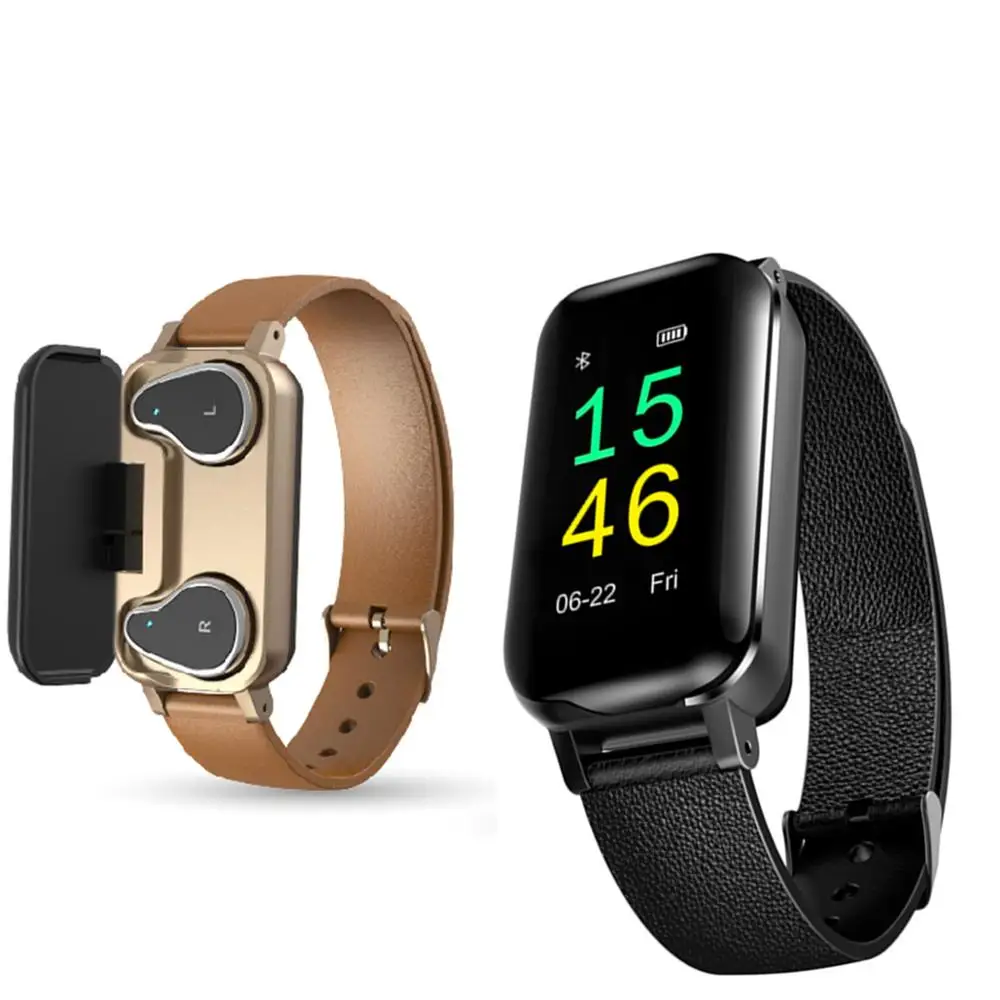 

T89 Dual Bluetooth 5.0 TWS Earphone Smart Bracelet Heart Rate Blood Pressure Tracker Smart Watch Men For IOS Android Phones