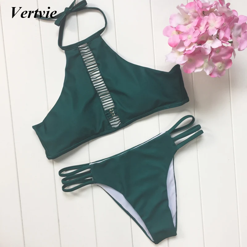 

Vertvie Women Girl Sexy High Collar Bikinis Set Dark Green Braided Rope Hollow Out Swimwear For Summer Beach Party Bathing Suit